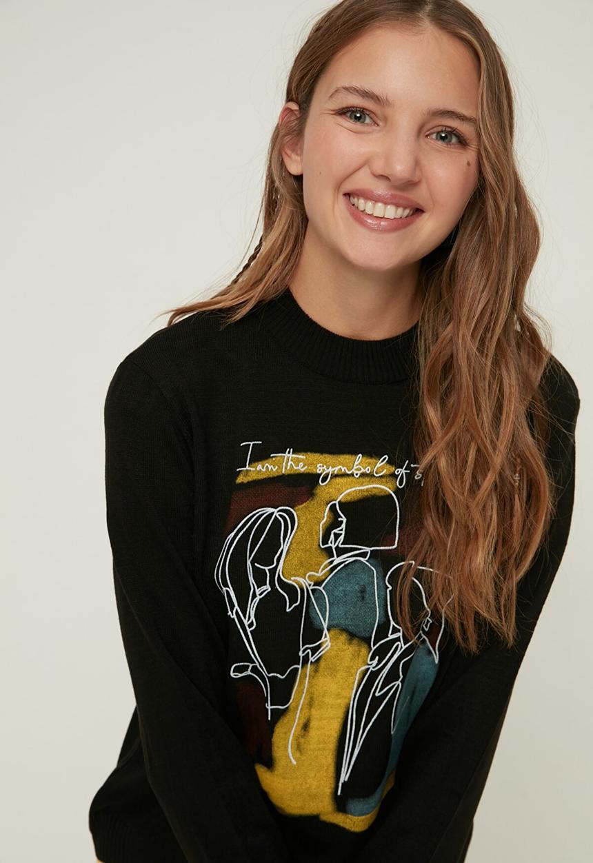 Trendyol - Print detailed knitwear sweater - black