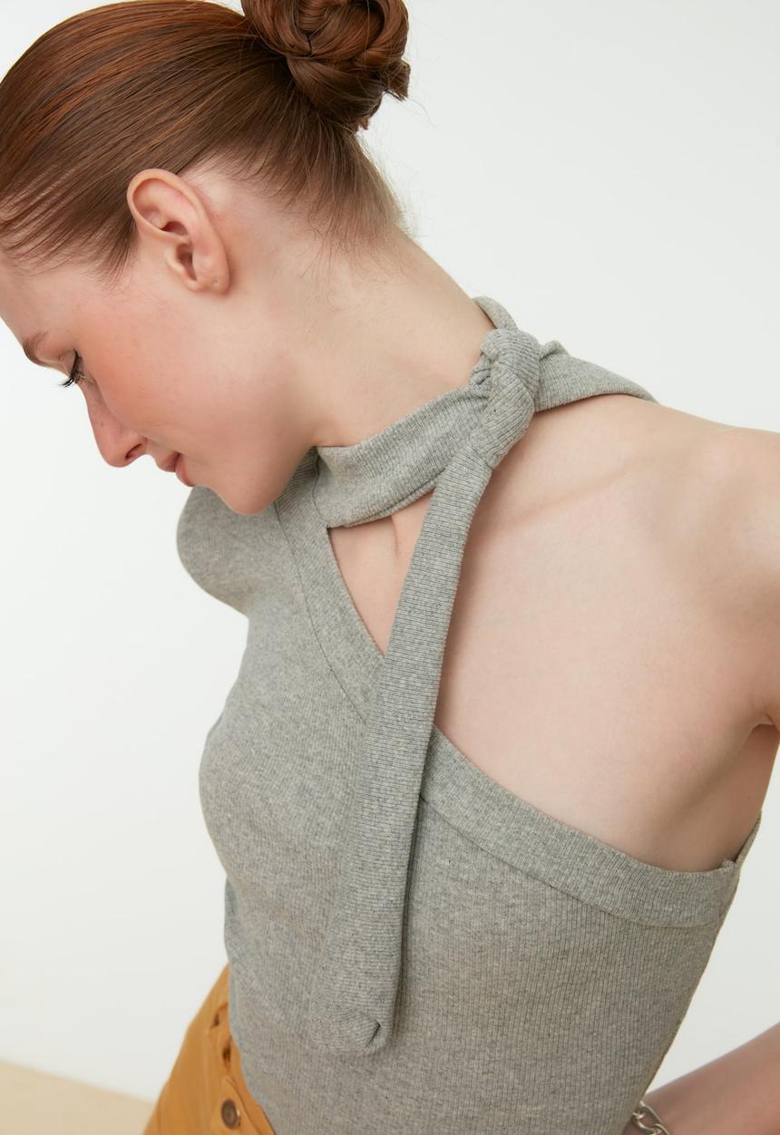 Trendyol - Shoulder detailed tie knitted blouse - grey