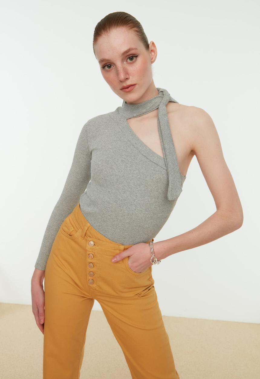 Trendyol - Shoulder detailed tie knitted blouse - grey