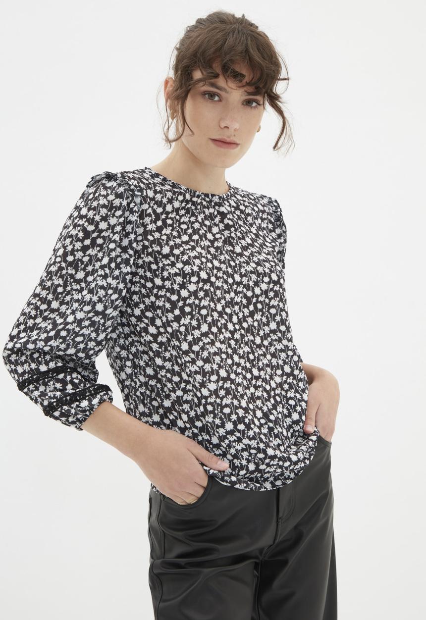Trendyol - Waistband detail printed blouse  - black & white 
