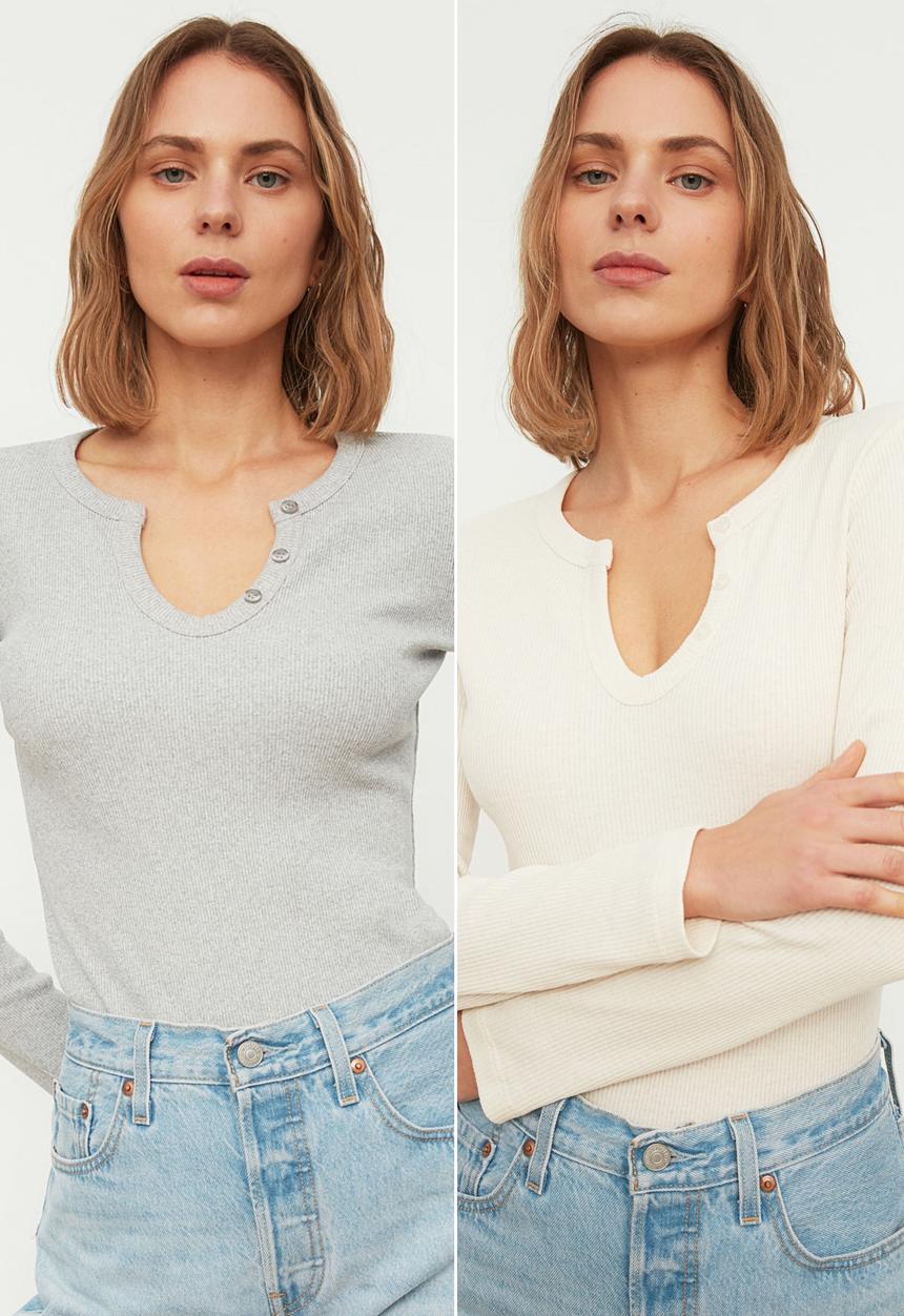 Trendyol - Recycle 2-pack corduroy knitted blouse - neutral & grey 