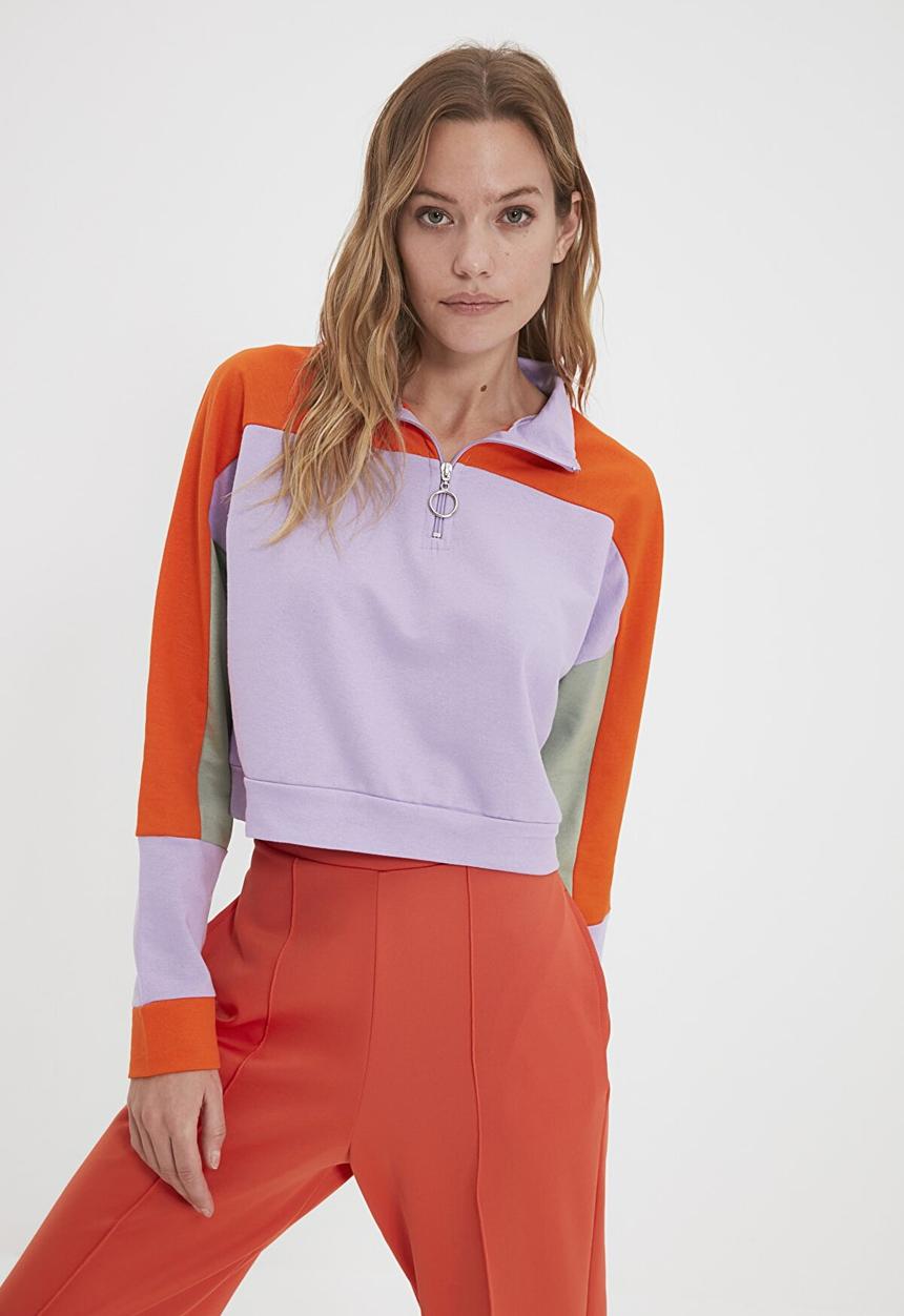 Trendyol - Color block crop slim knitted sweatshirt - lilac