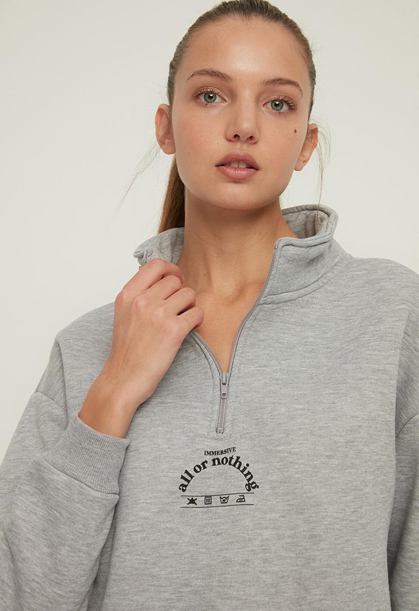 Trendyol - Polo neck oversize ragged knitted sweatshirt - grey