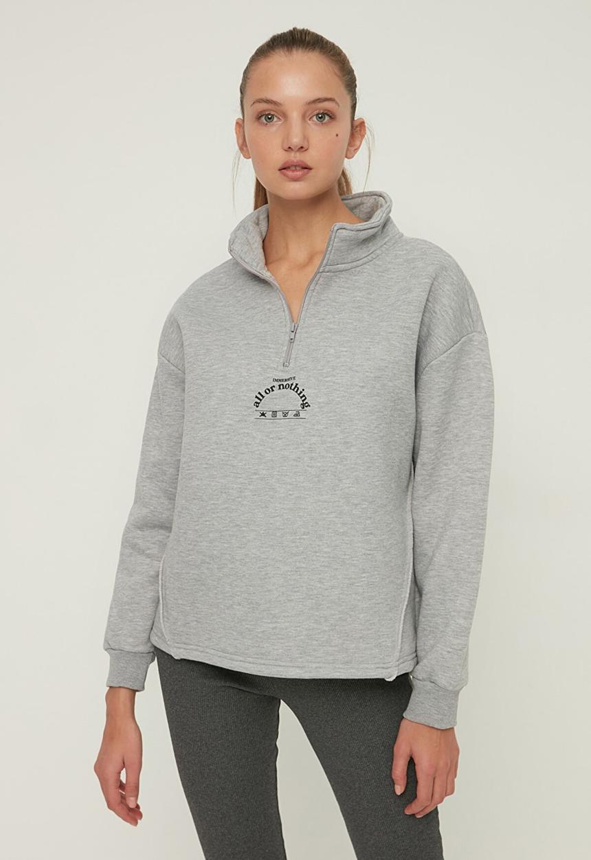 Trendyol - Polo neck oversize ragged knitted sweatshirt - grey
