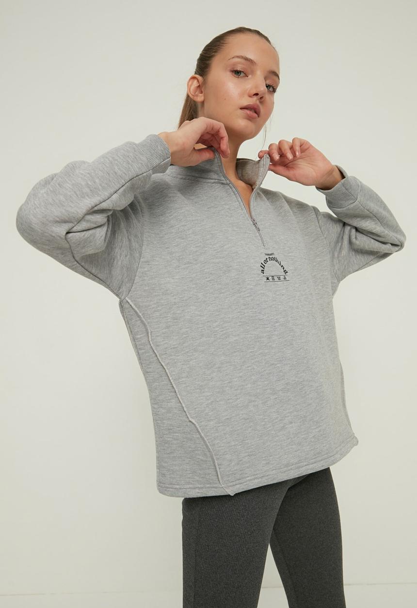 Trendyol - Polo neck oversize ragged knitted sweatshirt - grey