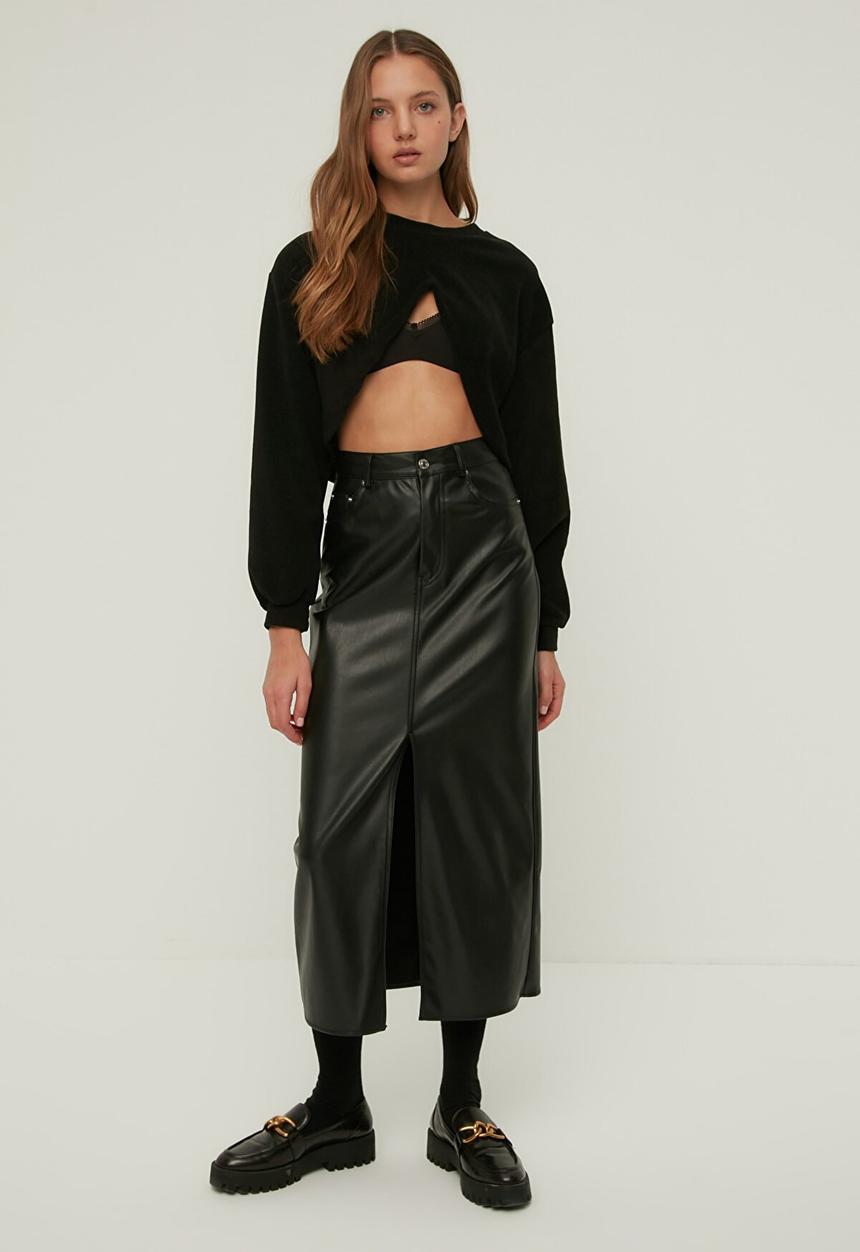 Trendyol - Crop fleece knitted sweatshirt - black