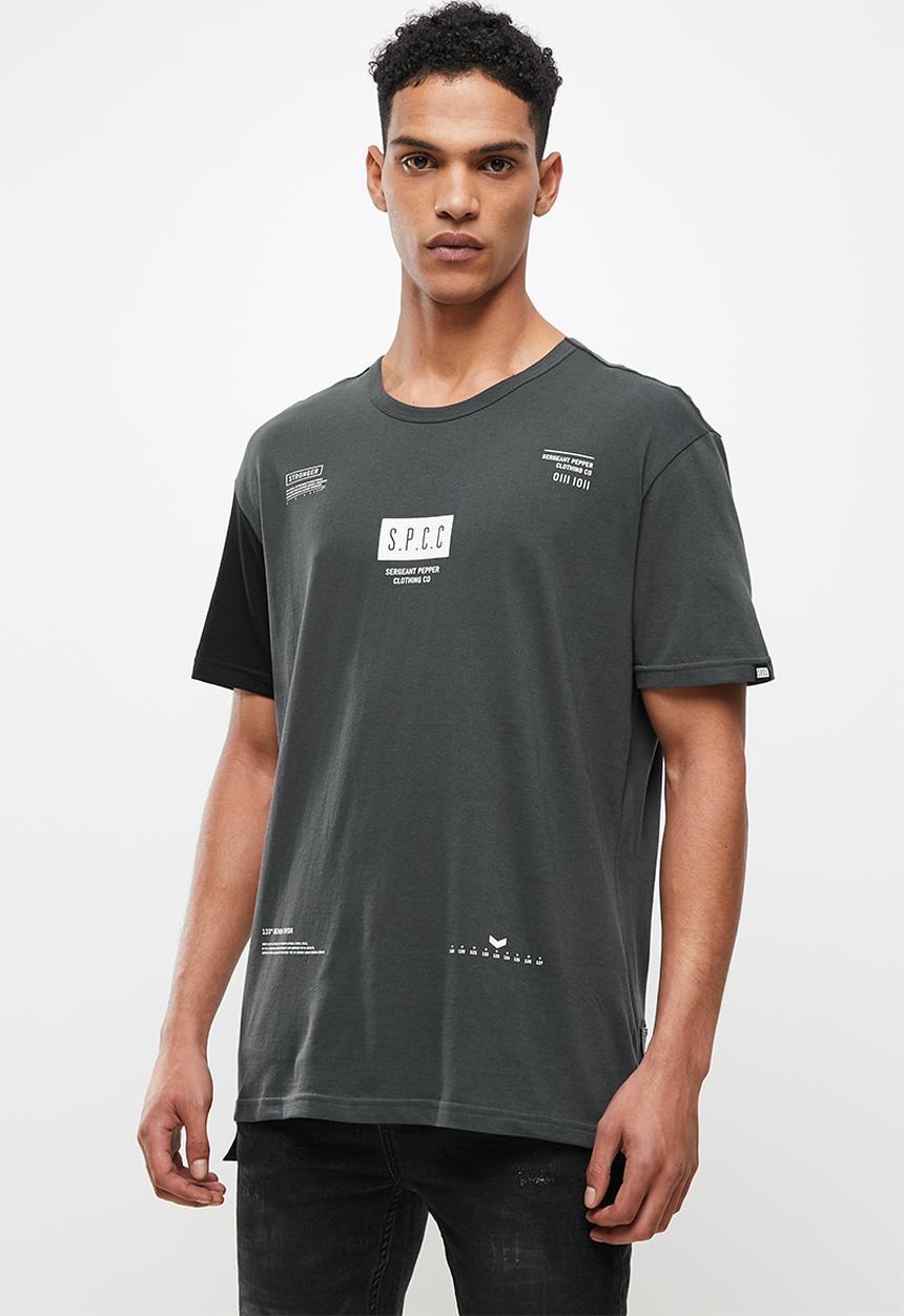 S.P.C.C - Demario relaxed fit side slit stepped hem, tape detail tee - charcoal