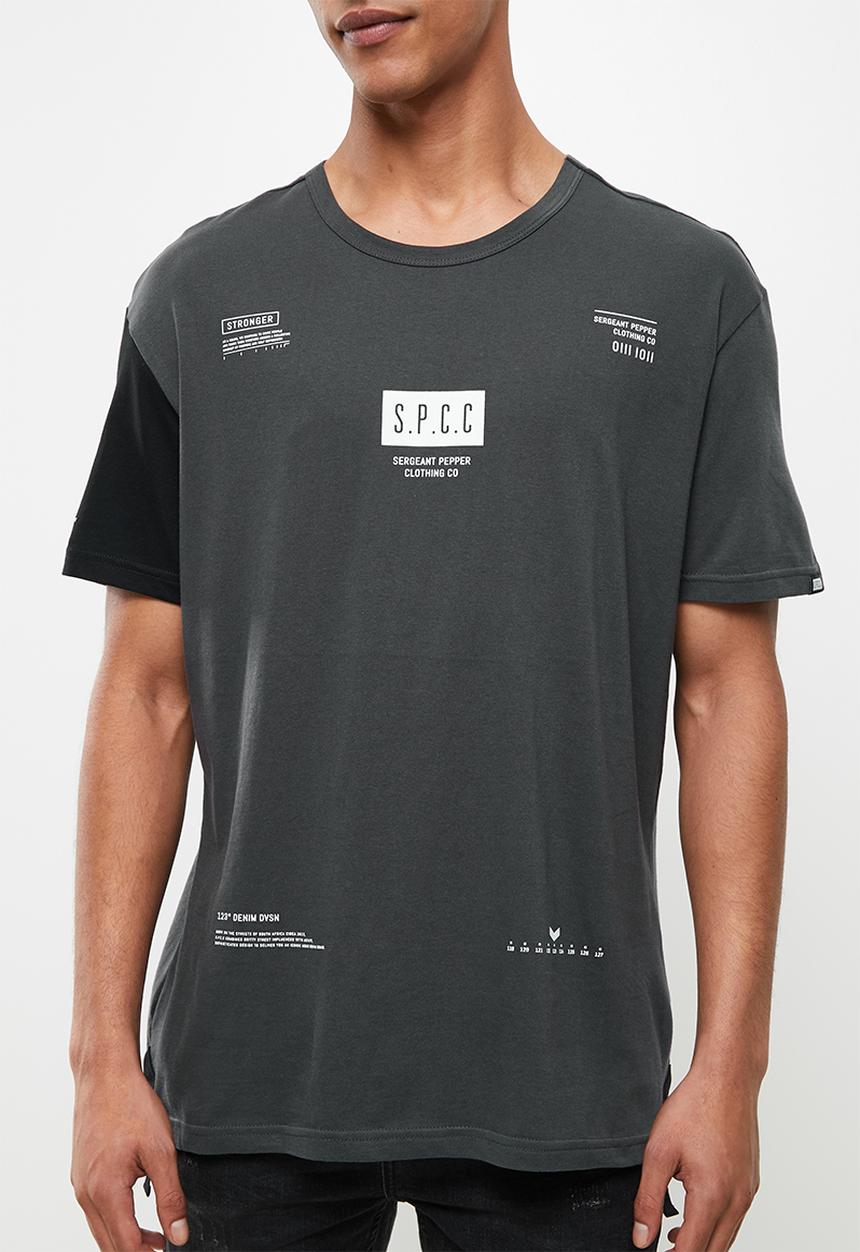 S.P.C.C - Demario relaxed fit side slit stepped hem, tape detail tee - charcoal