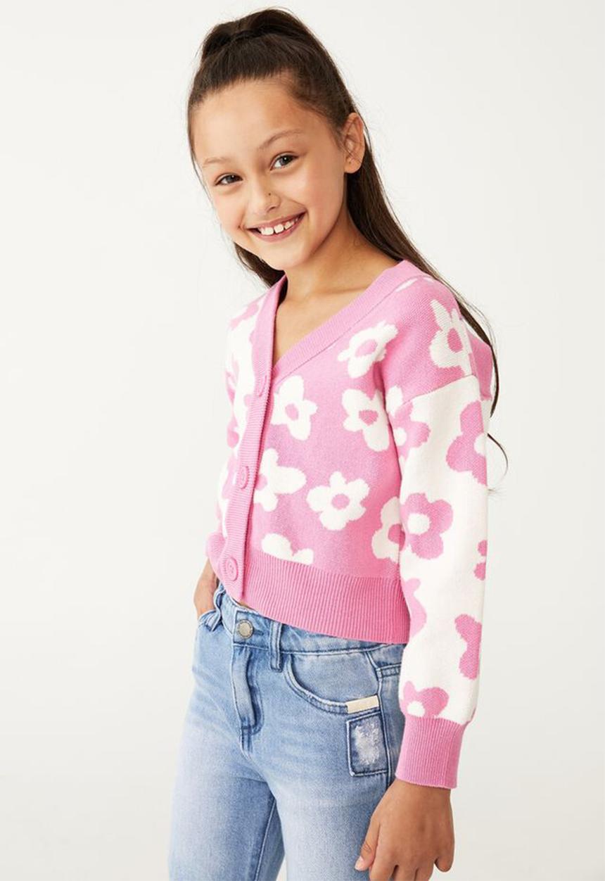 Cotton On - Mya cropped cardigan - pink gerbera & flowers