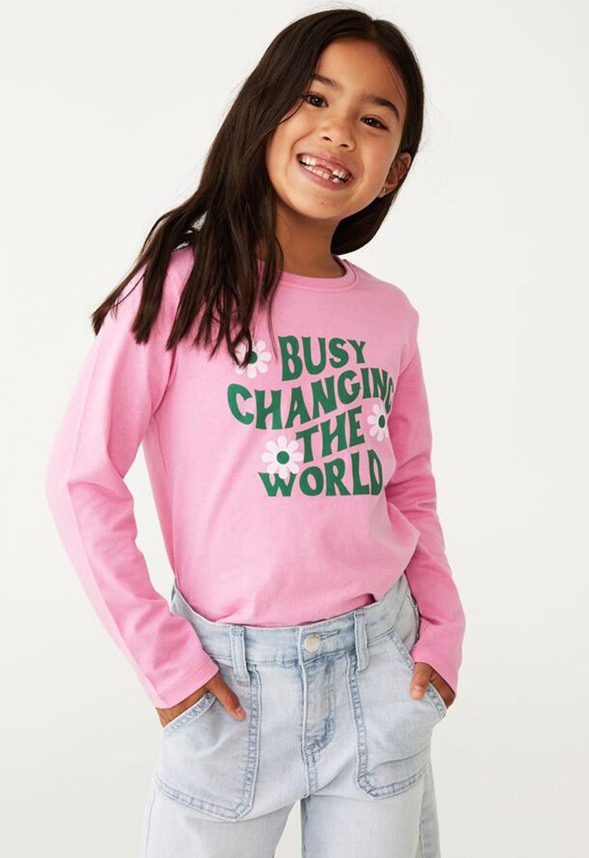 Cotton On - Penelope long sleeve tee - pink gerbera &  busy changing the world