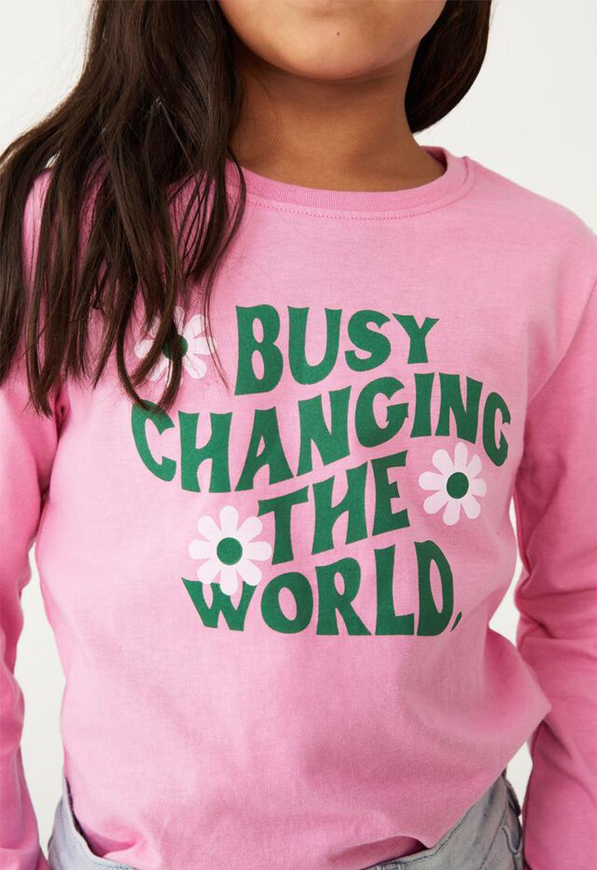 Cotton On - Penelope long sleeve tee - pink gerbera &  busy changing the world