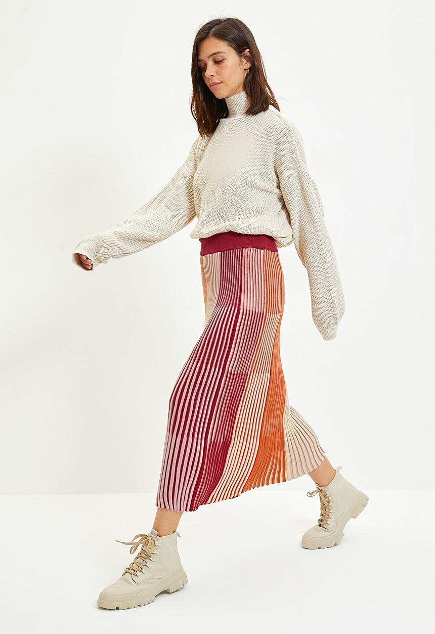 Trendyol - Color block knitwear skirt - burgundy