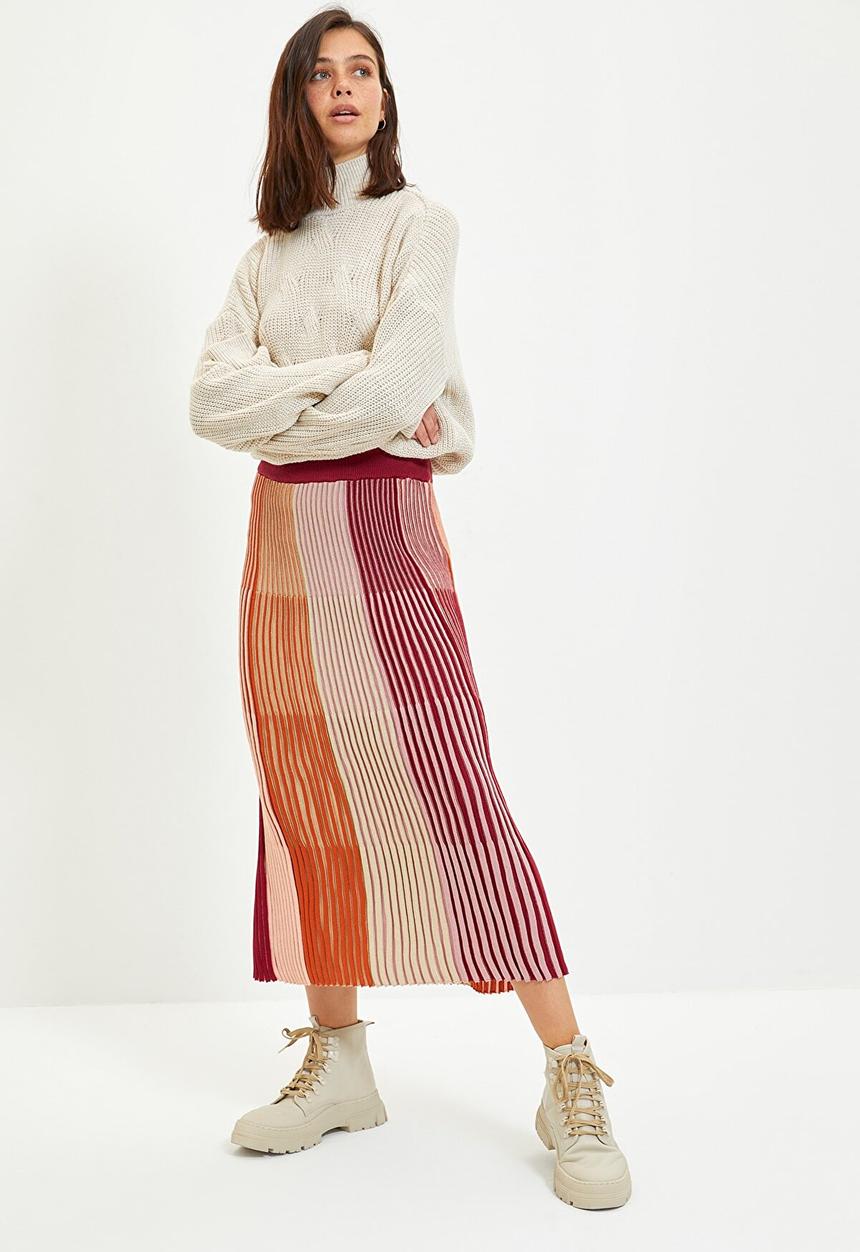 Trendyol - Color block knitwear skirt - burgundy