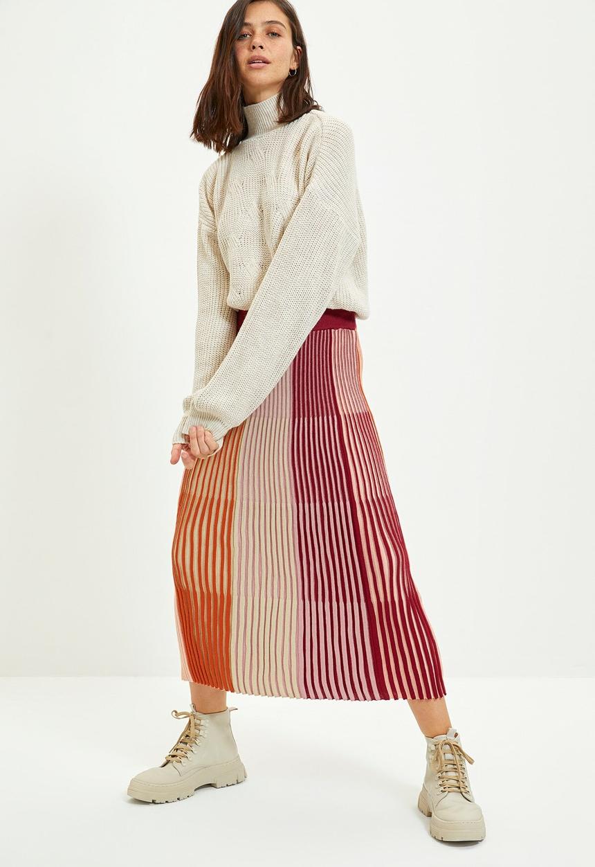 Trendyol - Color block knitwear skirt - burgundy