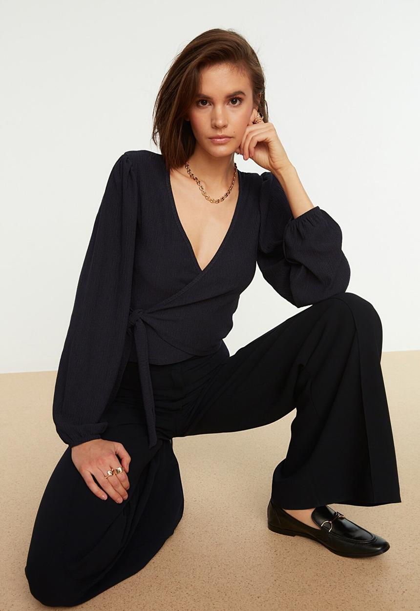 Trendyol - Double breasted crepe knitted blouse  - navy