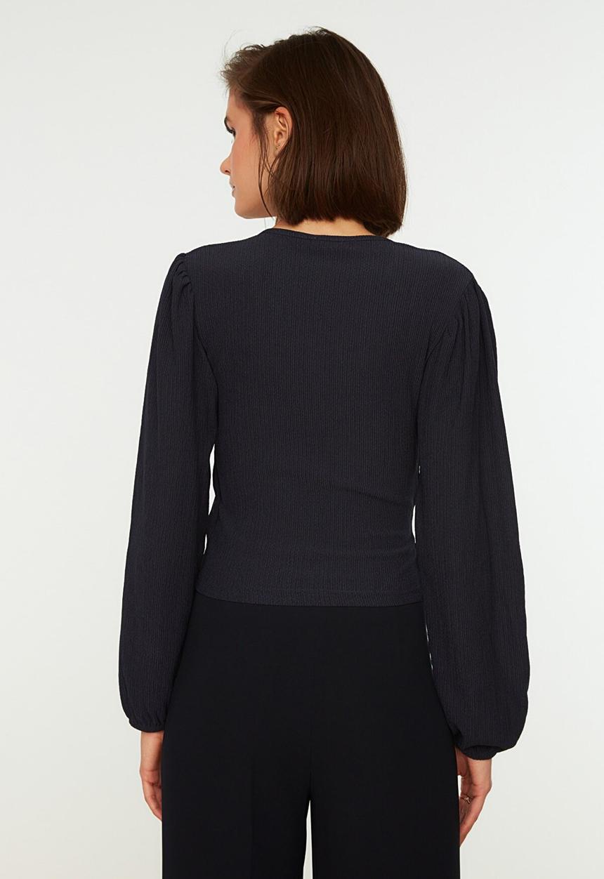 Trendyol - Double breasted crepe knitted blouse  - navy