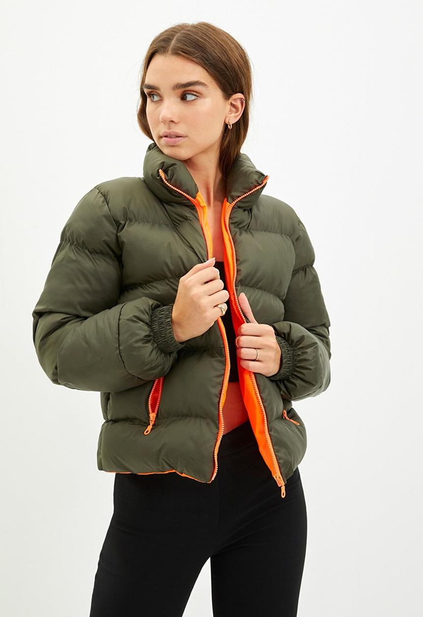 Trendyol - Neon zipper detailed puffer jacket - khaki