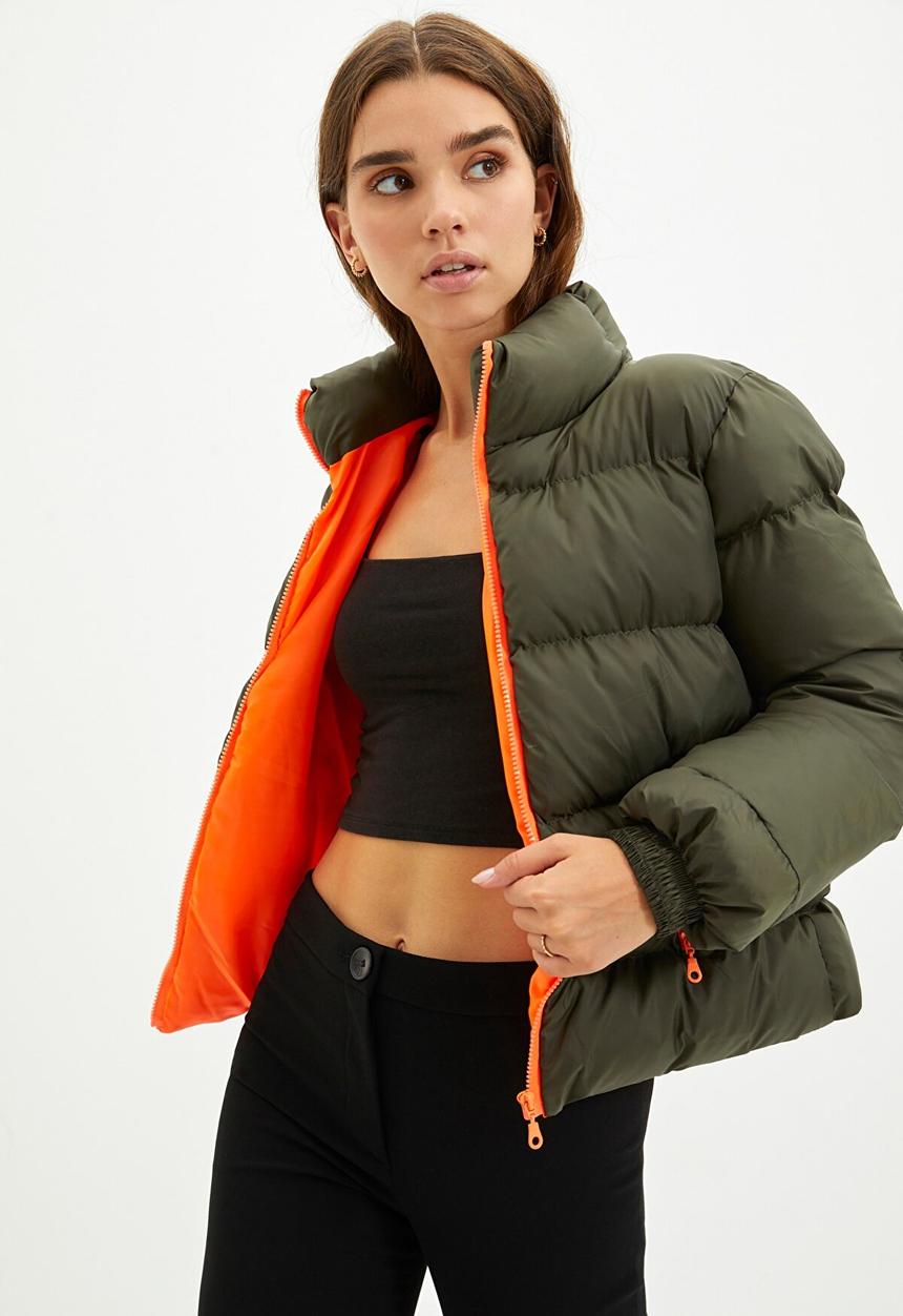 Trendyol - Neon zipper detailed puffer jacket - khaki