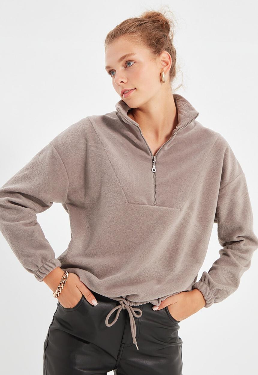 Trendyol - Zipper detailed basic knitted sweatshirt - stone