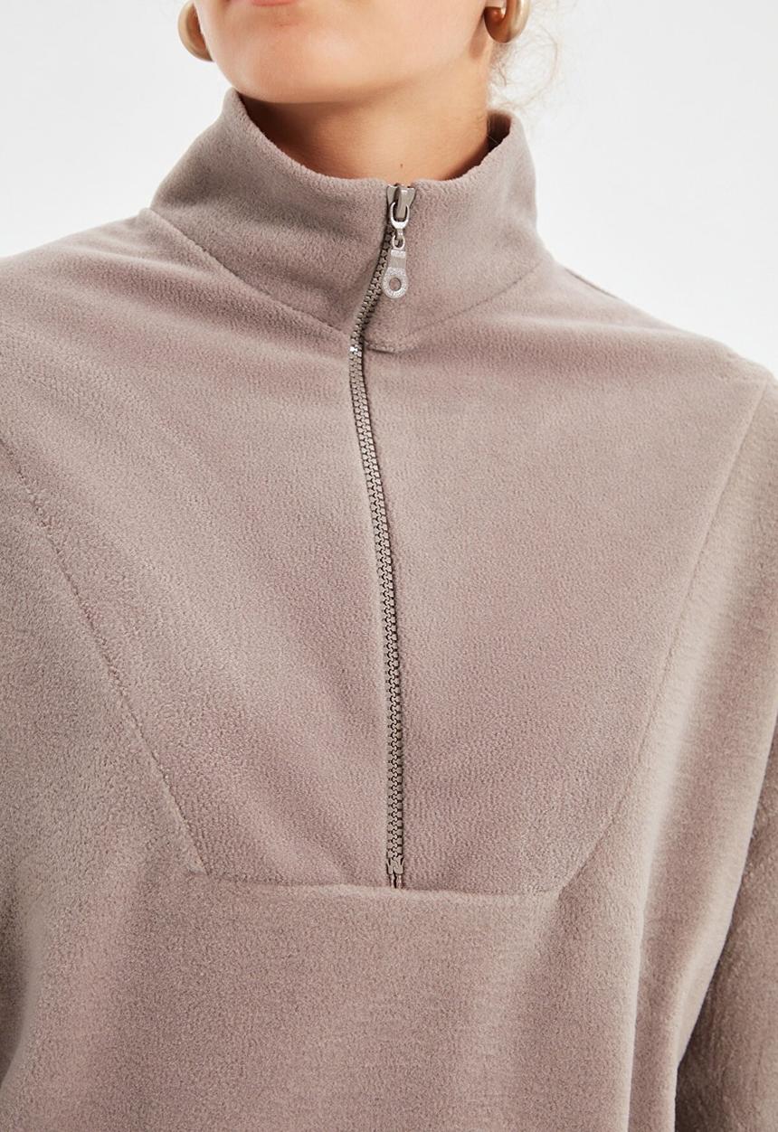 Trendyol - Zipper detailed basic knitted sweatshirt - stone