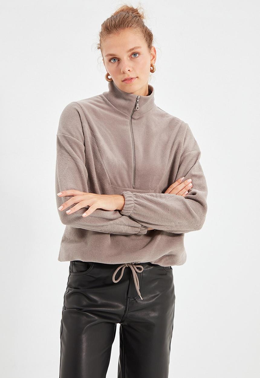 Trendyol - Zipper detailed basic knitted sweatshirt - stone