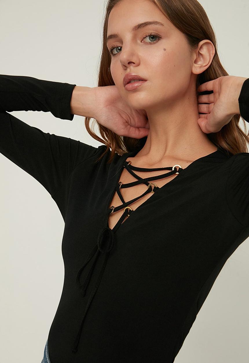Trendyol - Tie detailed knitted bodysuit  - black