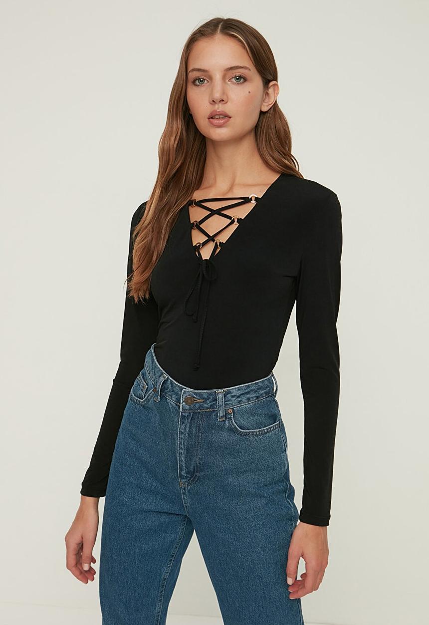 Trendyol - Tie detailed knitted bodysuit  - black