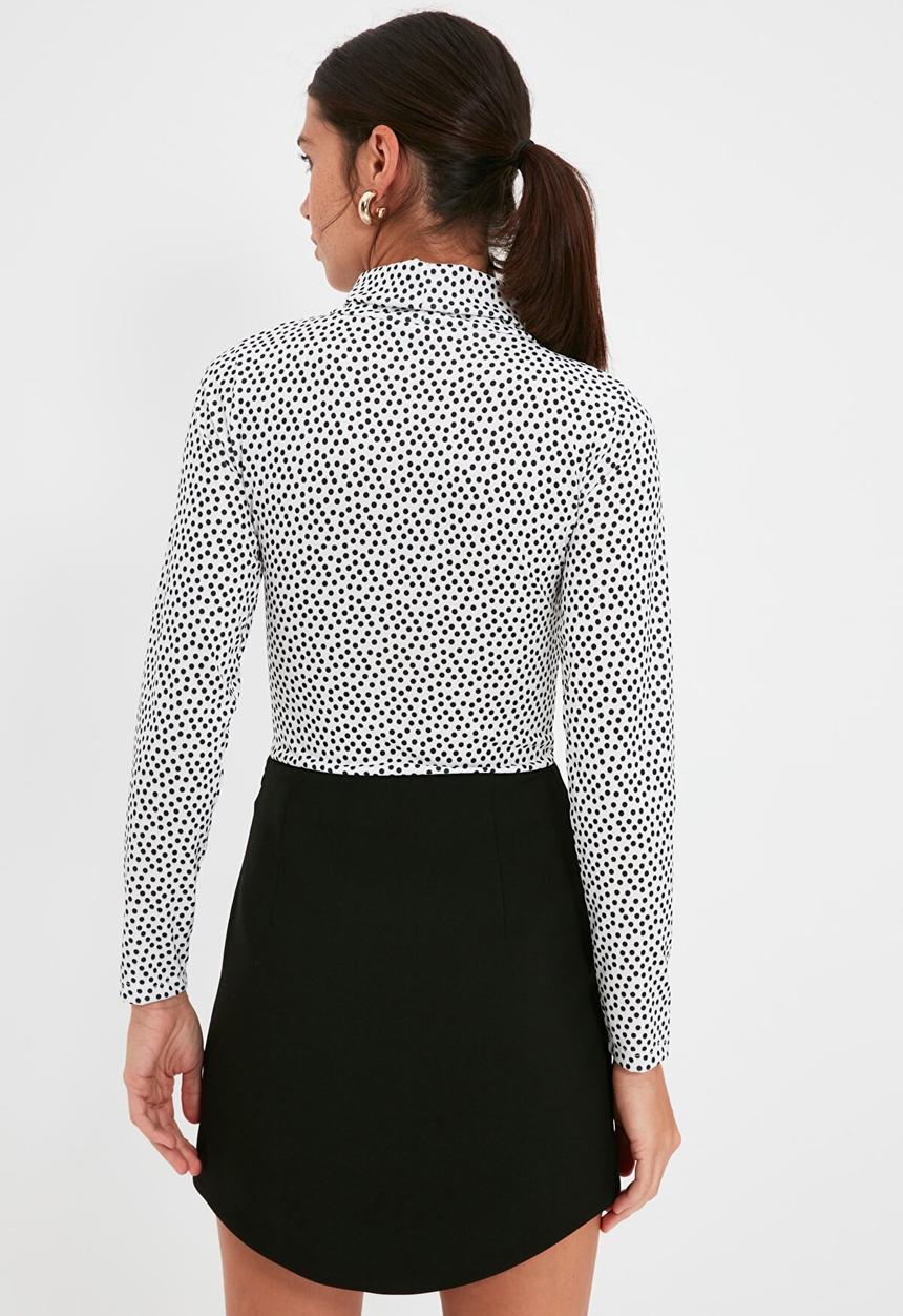 Trendyol - Stand up collar polka dot knitted bodysuit - white & black