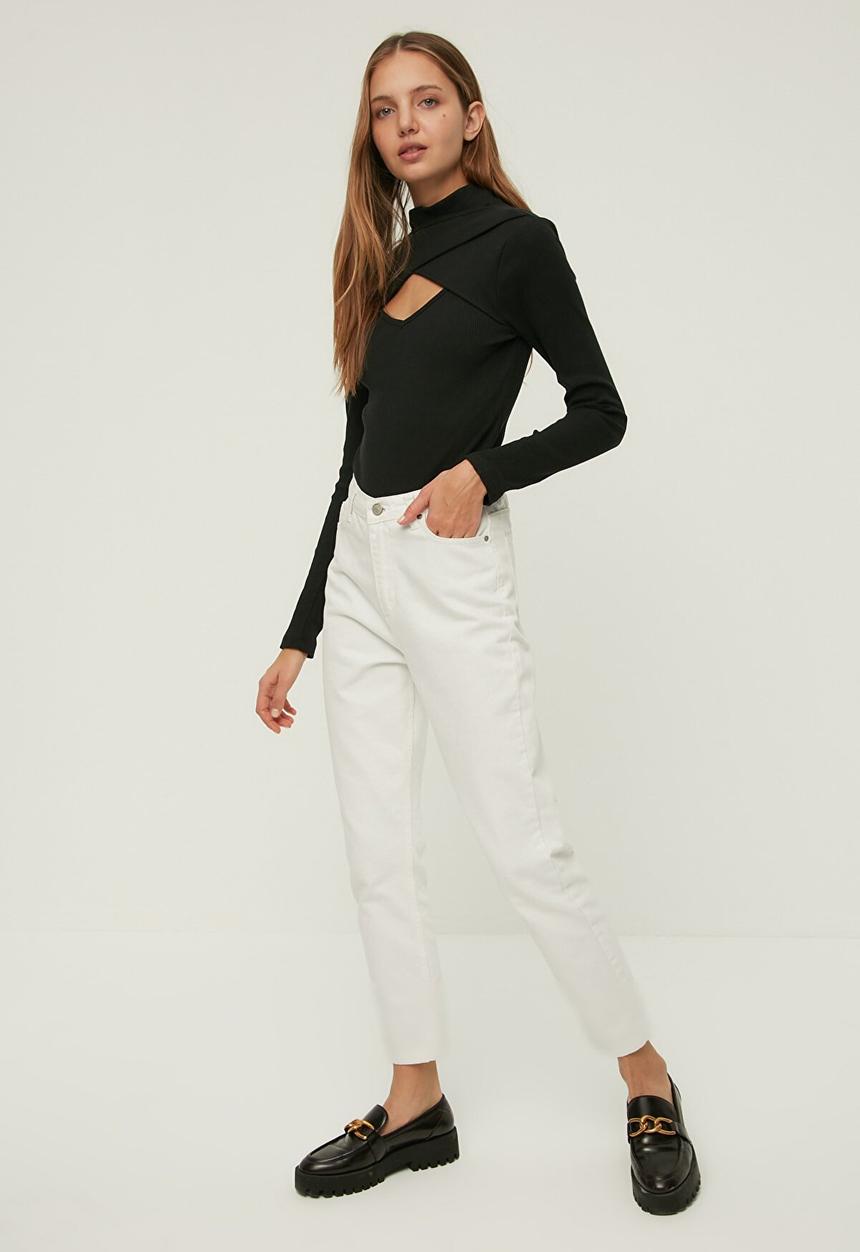 Trendyol - Cut out detailed ribbed stand collar knitted bodysuit - black