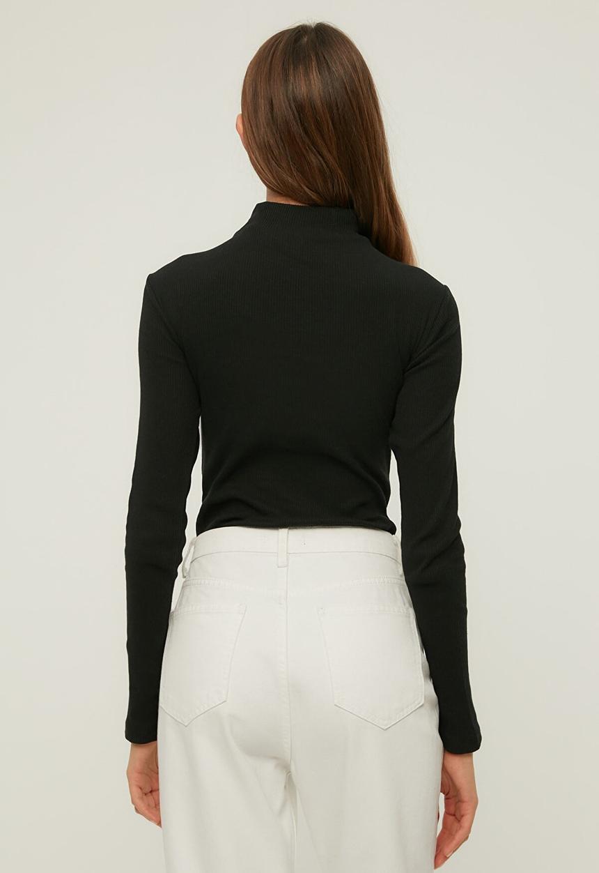 Trendyol - Cut out detailed ribbed stand collar knitted bodysuit - black