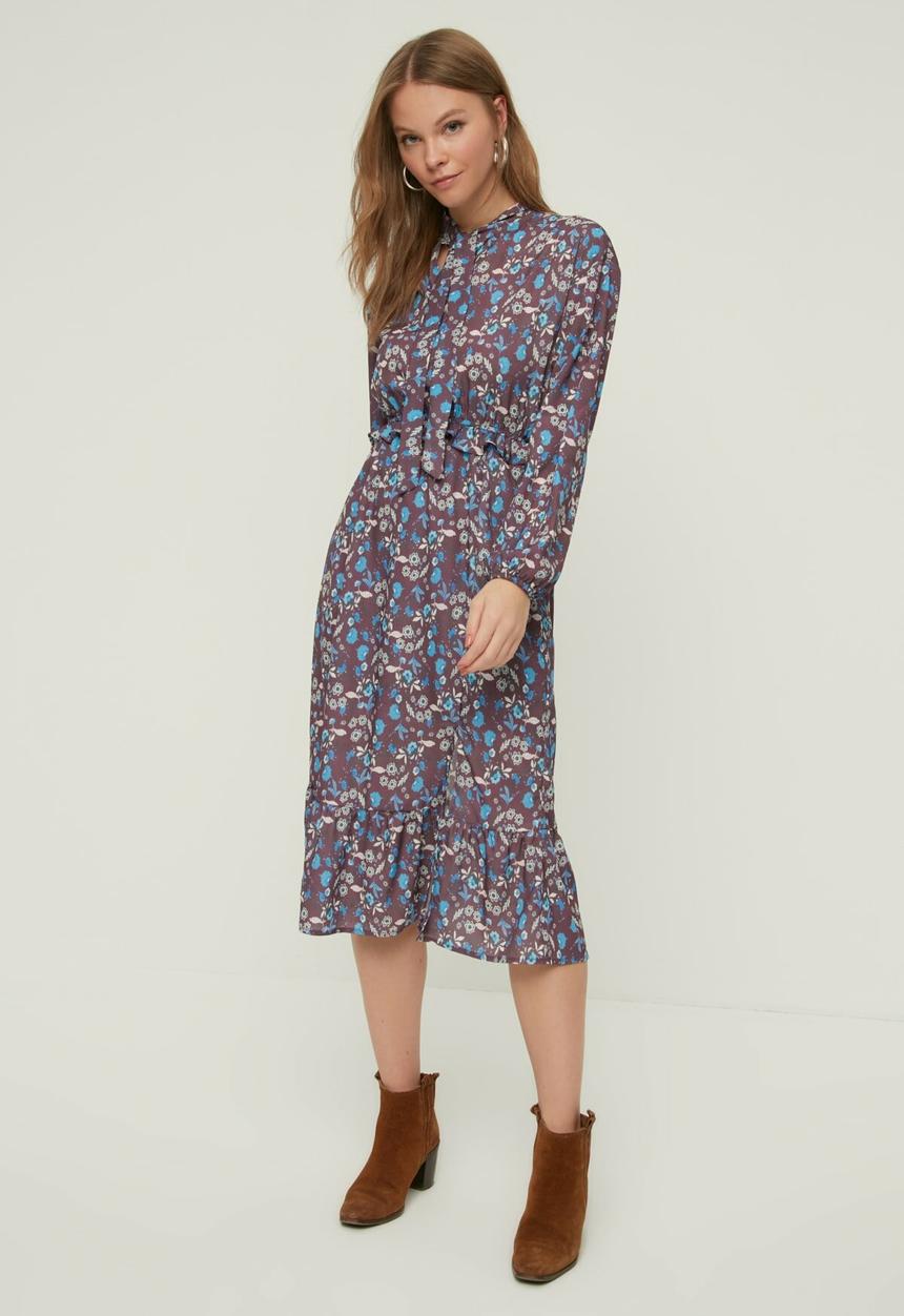 Trendyol - Patterned foulard collar dress  - burgundy
