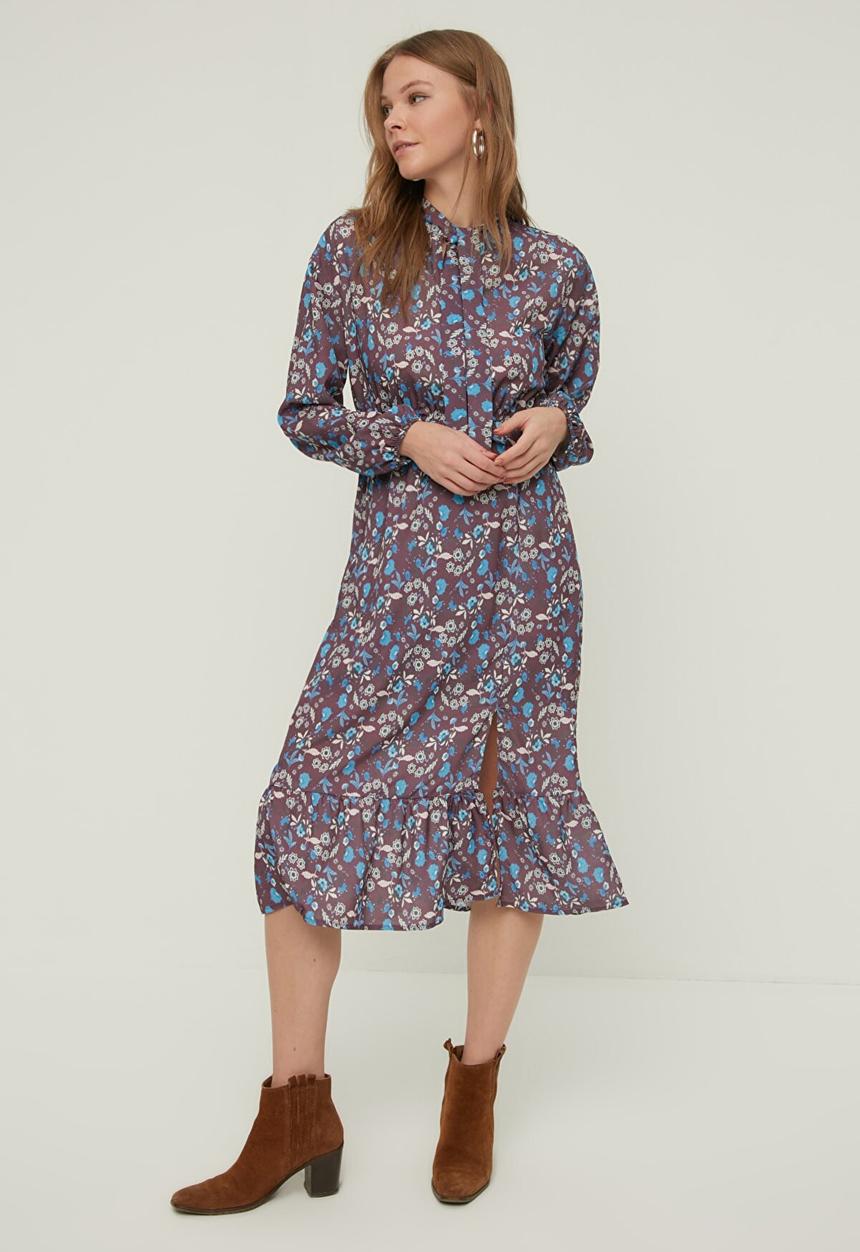 Trendyol - Patterned foulard collar dress  - burgundy