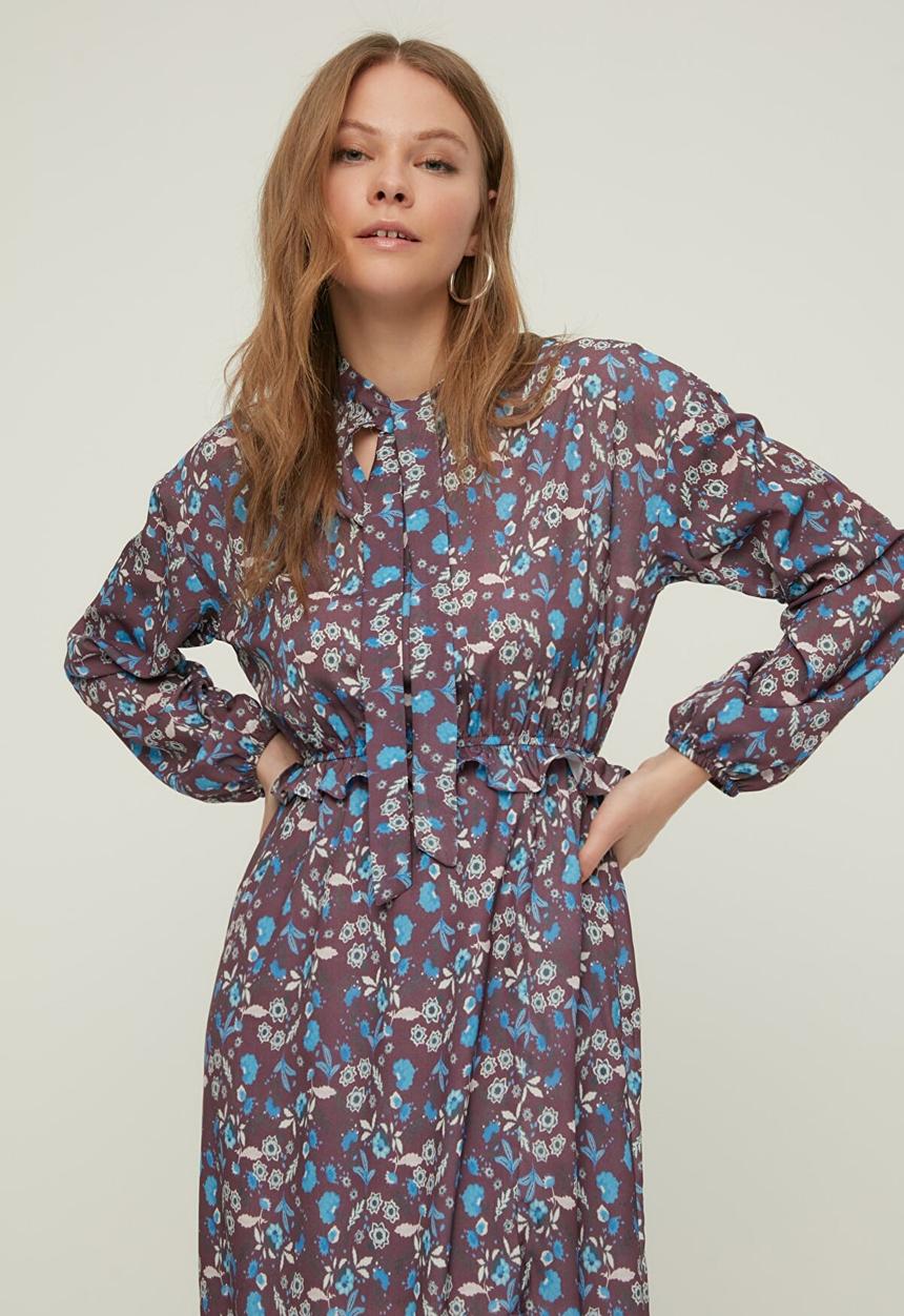 Trendyol - Patterned foulard collar dress  - burgundy