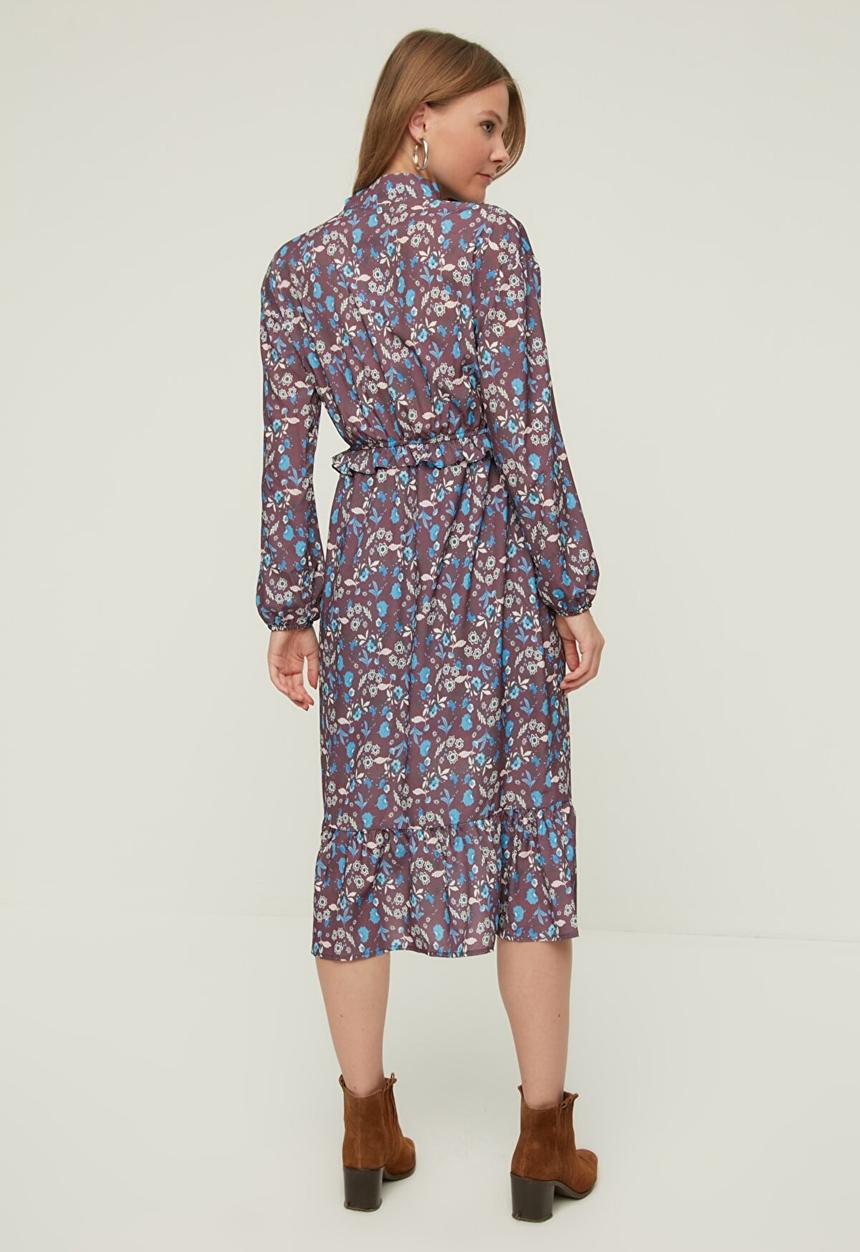 Trendyol - Patterned foulard collar dress  - burgundy