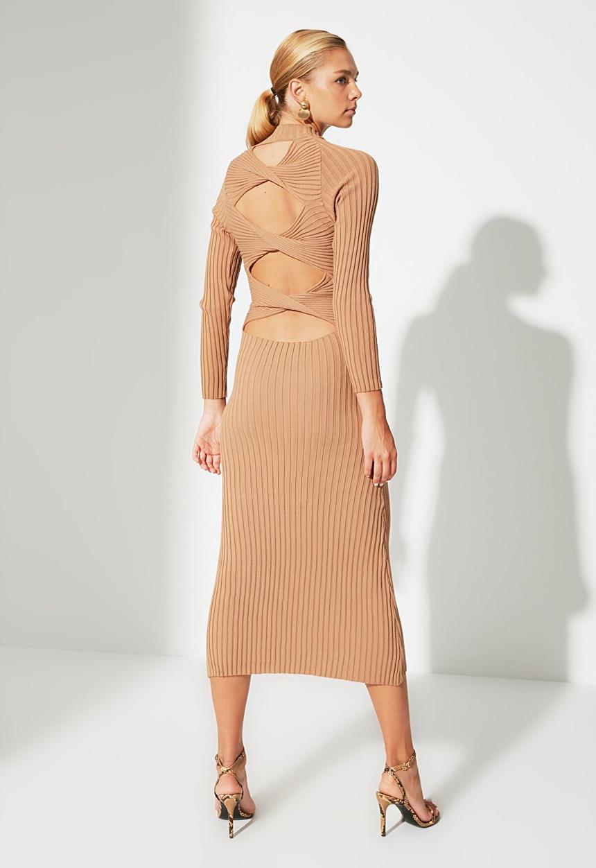 Trendyol - Ribbed low back knitwear dress - camel