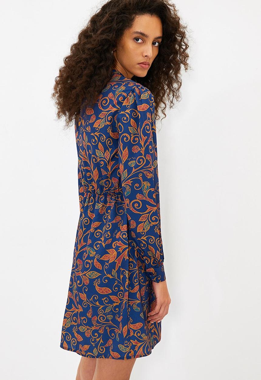 Trendyol - Patterned stand collar dress - navy & rust