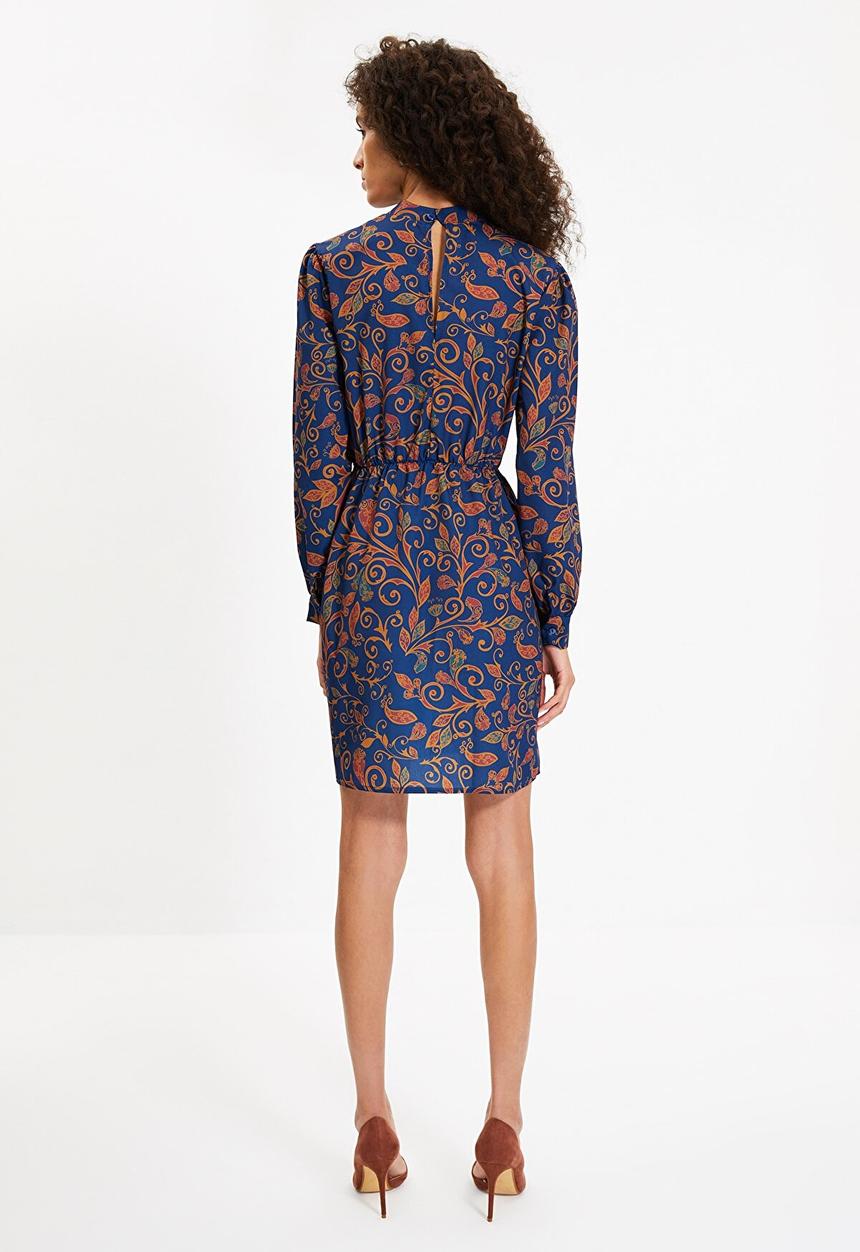 Trendyol - Patterned stand collar dress - navy & rust