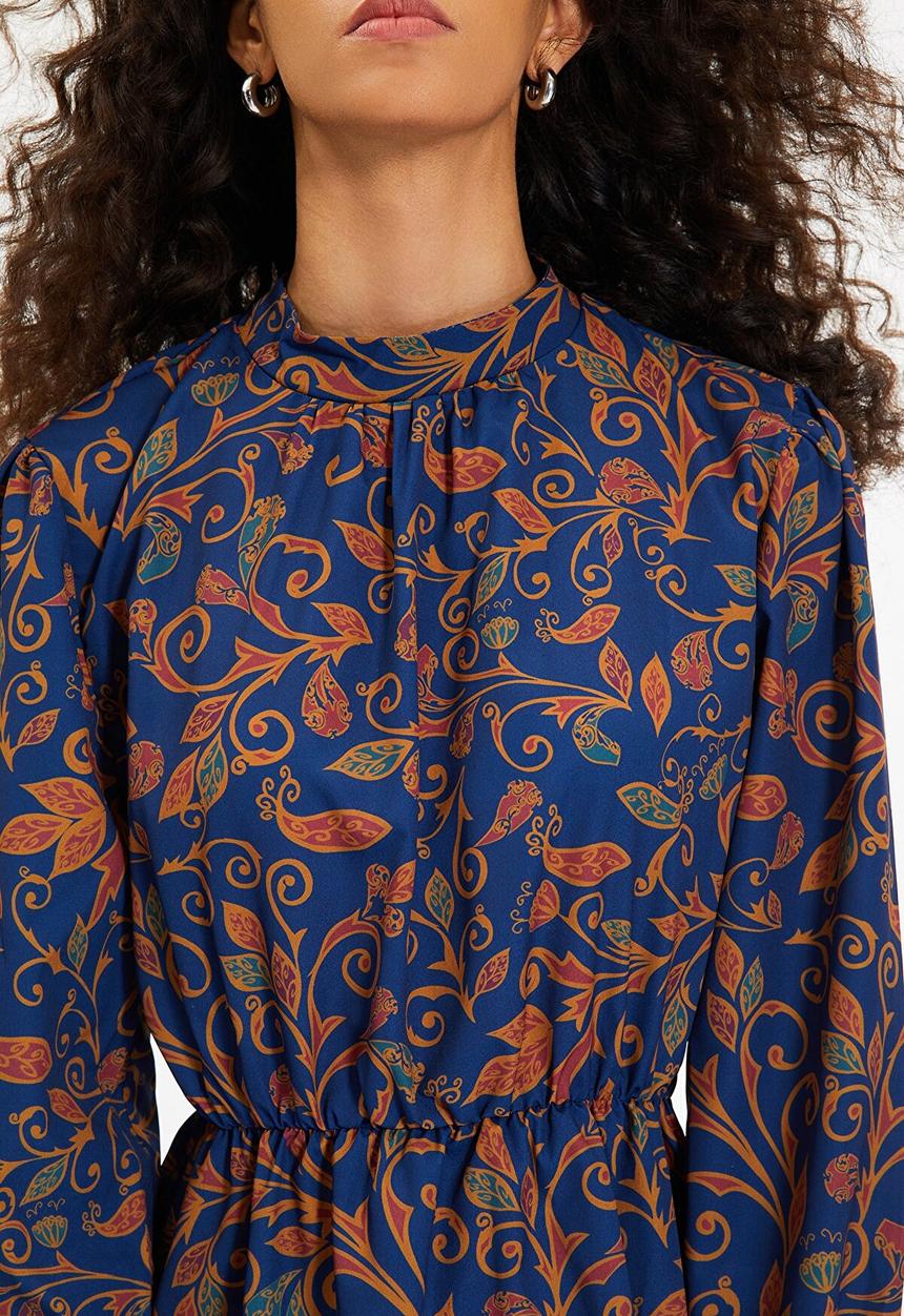 Trendyol - Patterned stand collar dress - navy & rust