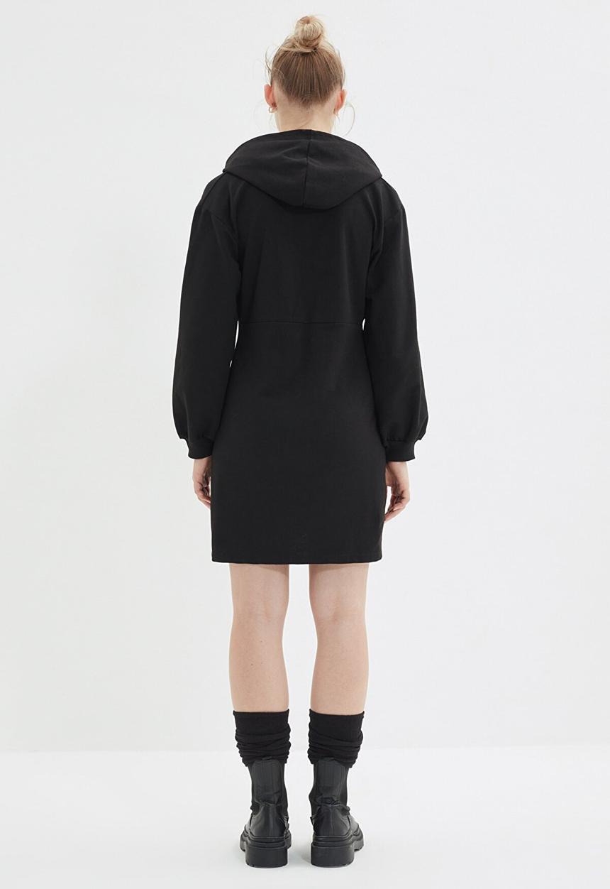 Trendyol - Zippered and hooded mini slim knitted dress - black