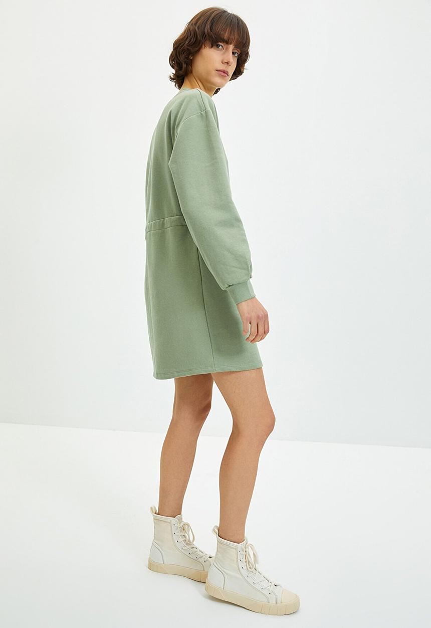Trendyol - Waist pleated embroidered and raised knitted dress - mint