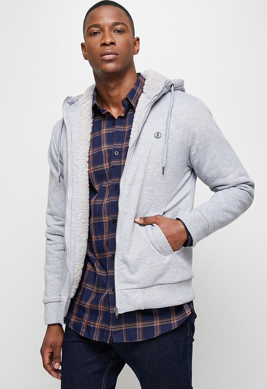 Lark & Crosse - Themba sherpa lined zip through hoodie - grey melange