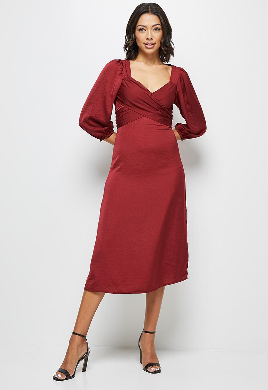 MILLA - Satin wrap front midi dress - deep red 