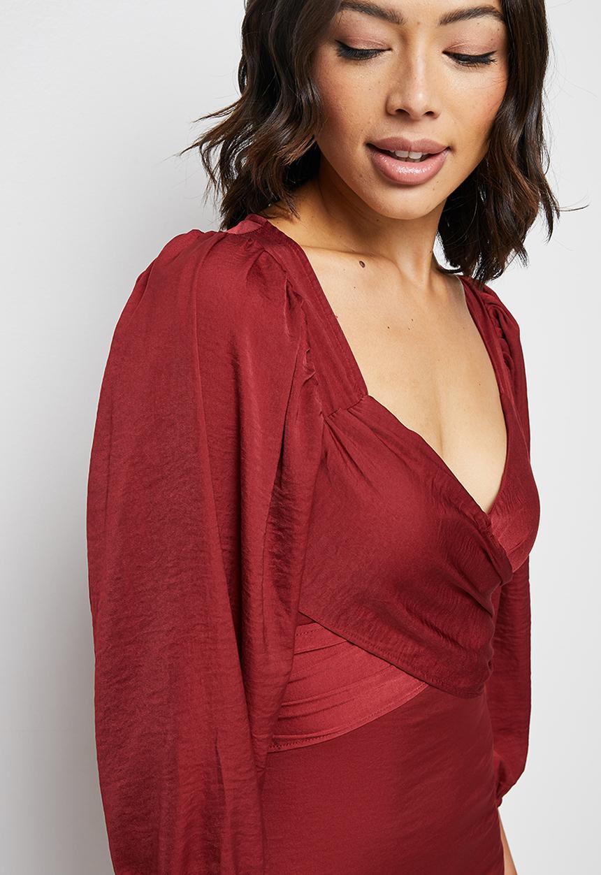 MILLA - Satin wrap front midi dress - deep red 