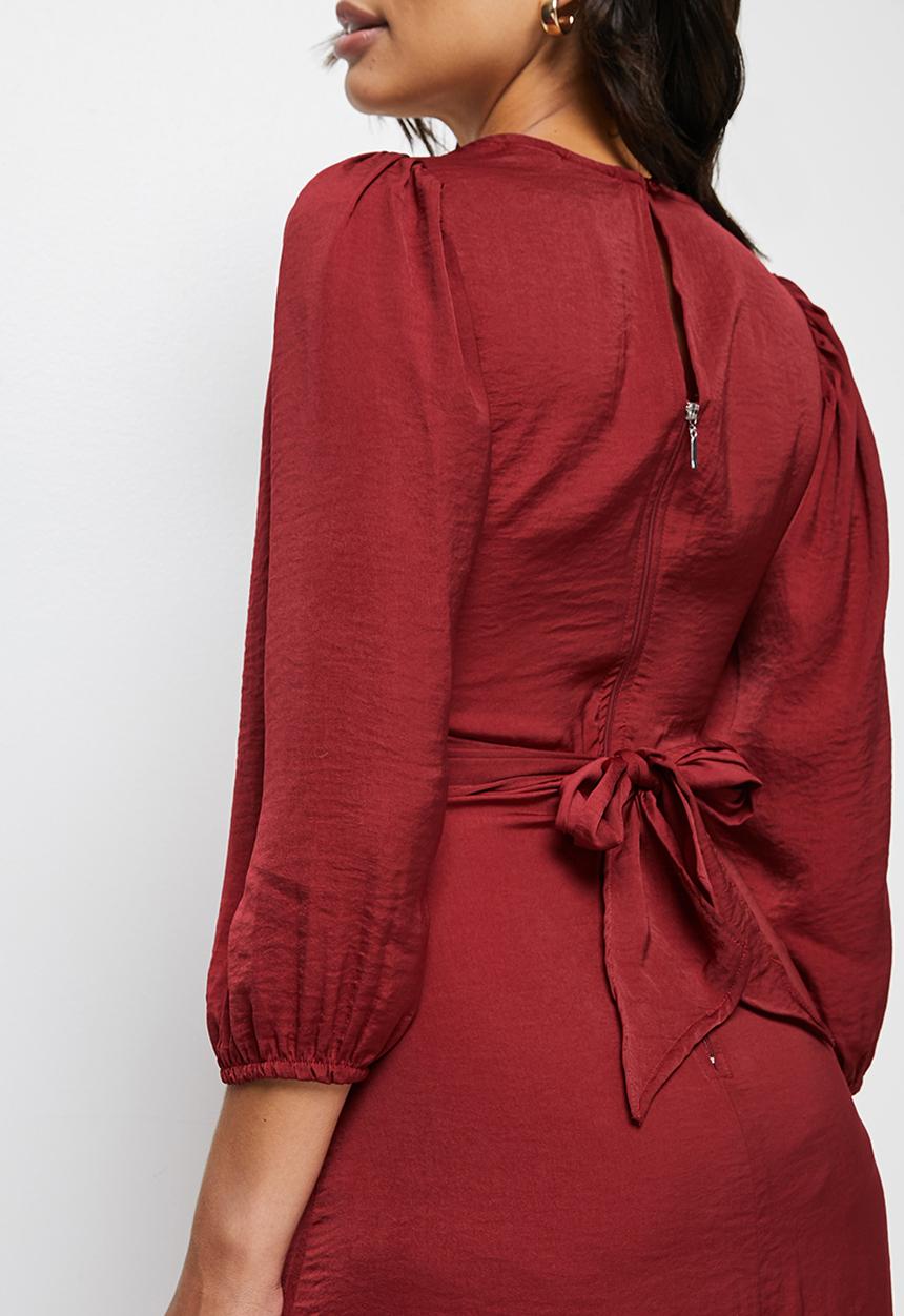 MILLA - Satin wrap front midi dress - deep red 
