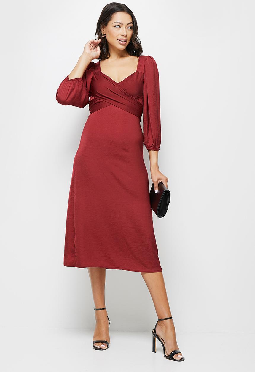 MILLA - Satin wrap front midi dress - deep red 