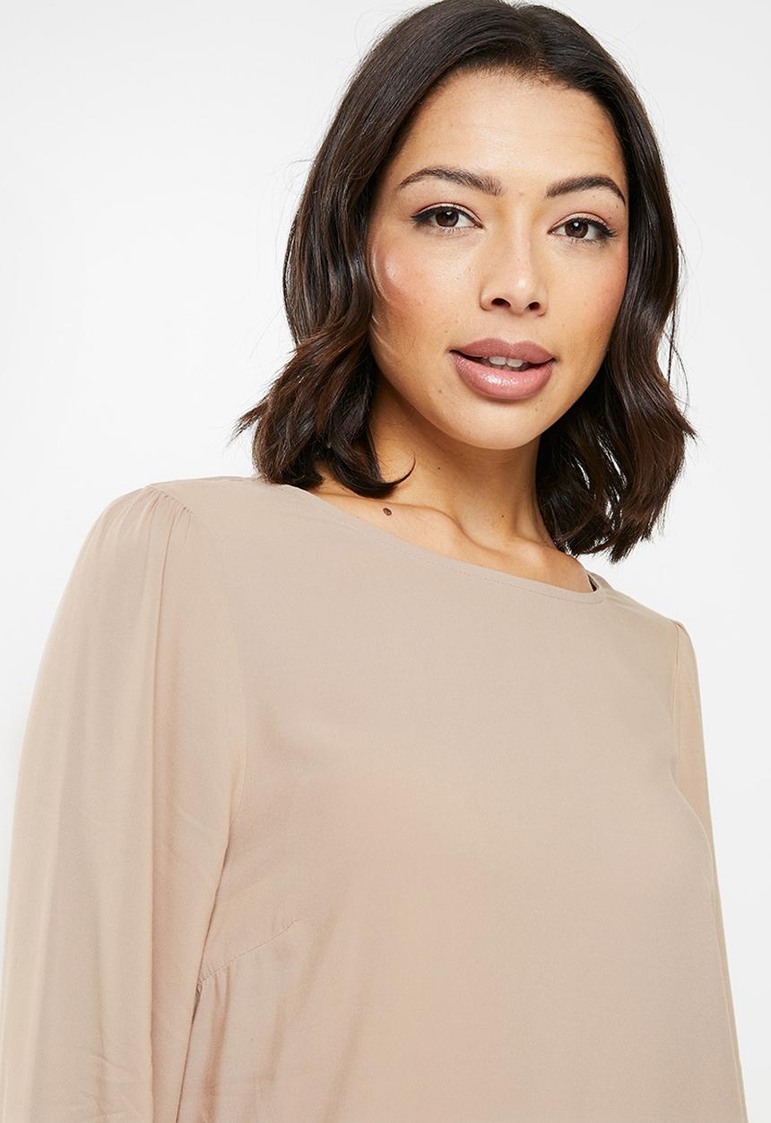 ONLY - Nova life long sleeve ida smock top - warm taupe