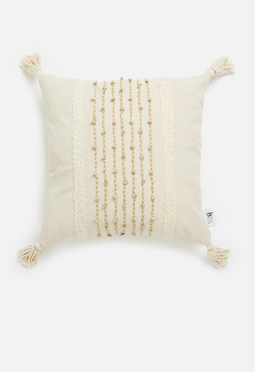 Sixth Floor - Tassel tufted Cord embroidery cushion cover - stone