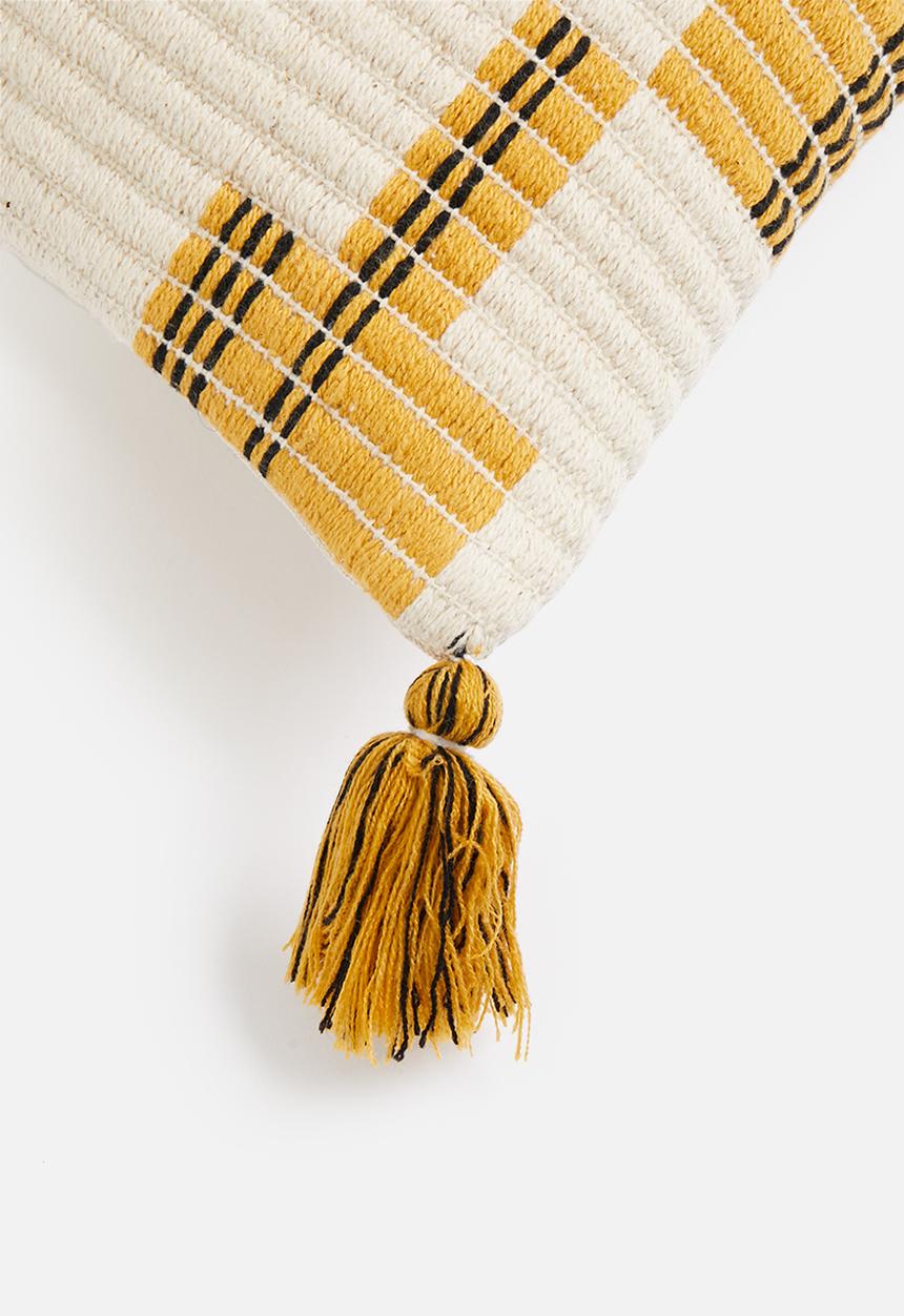 Sixth Floor - Tassel Woven cushion cover- stone & mustard