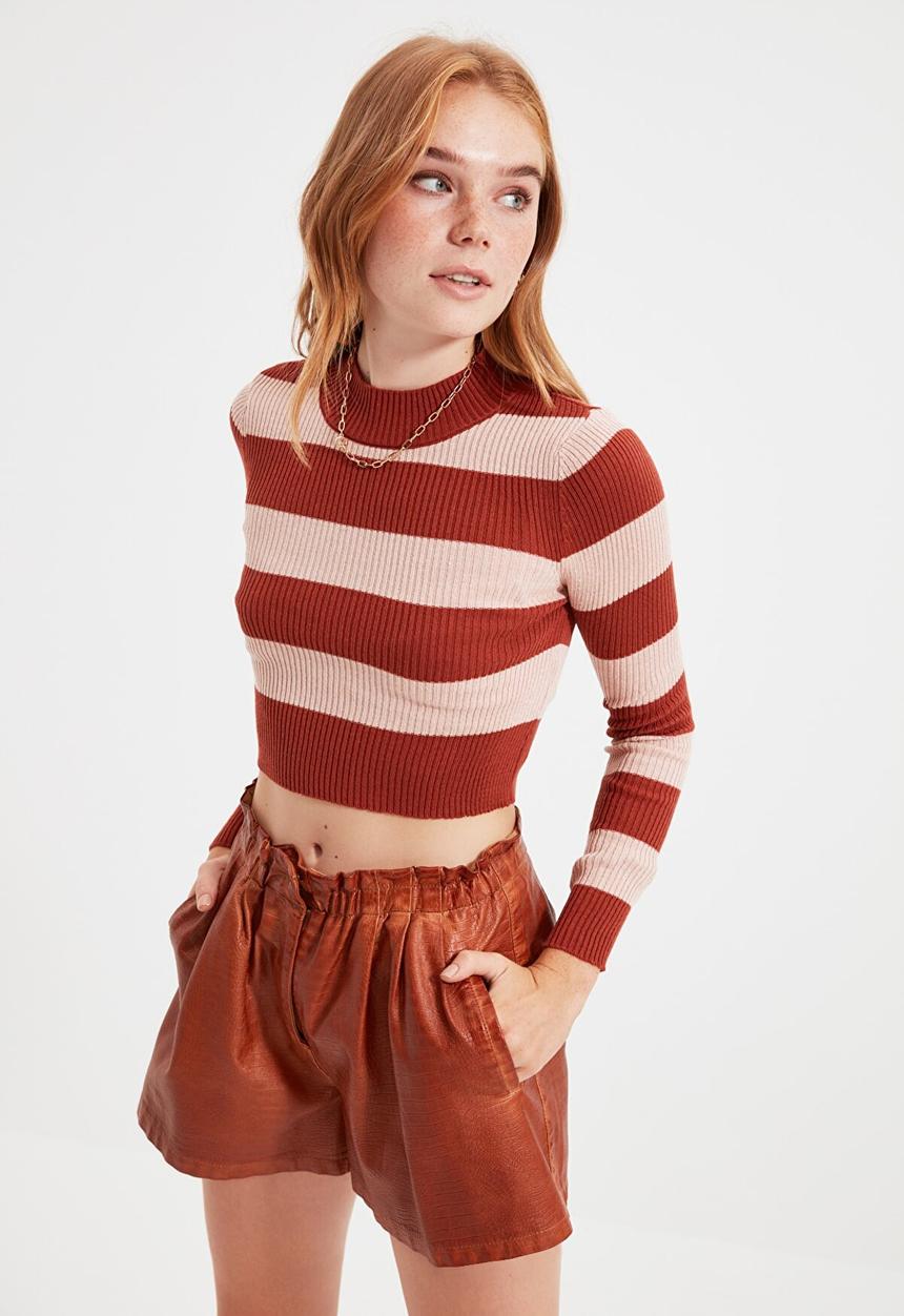 Trendyol - Striped knitwear sweater - brick & beige 