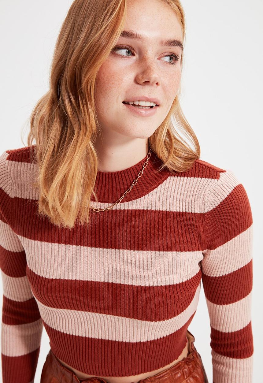 Trendyol - Striped knitwear sweater - brick & beige 